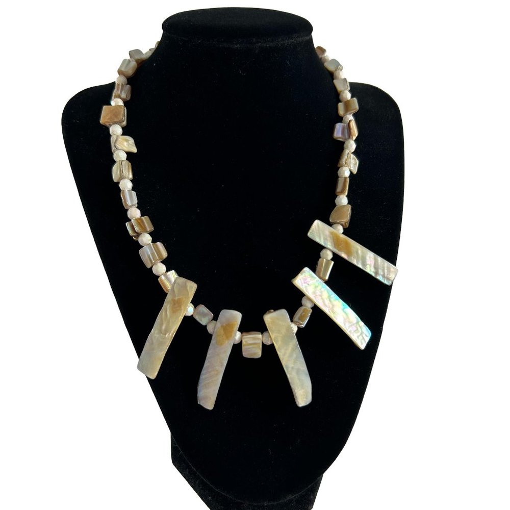 Beaded Shell Necklace Mother of Pearl 18-20" Long Statement Silver Tone
